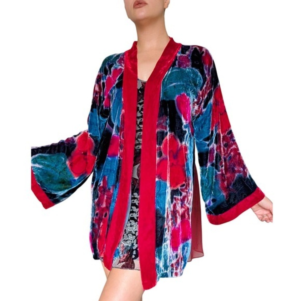 Vintage Y2K Eccentric Boho Jule Tones Water-Color Floral Velvet Duster